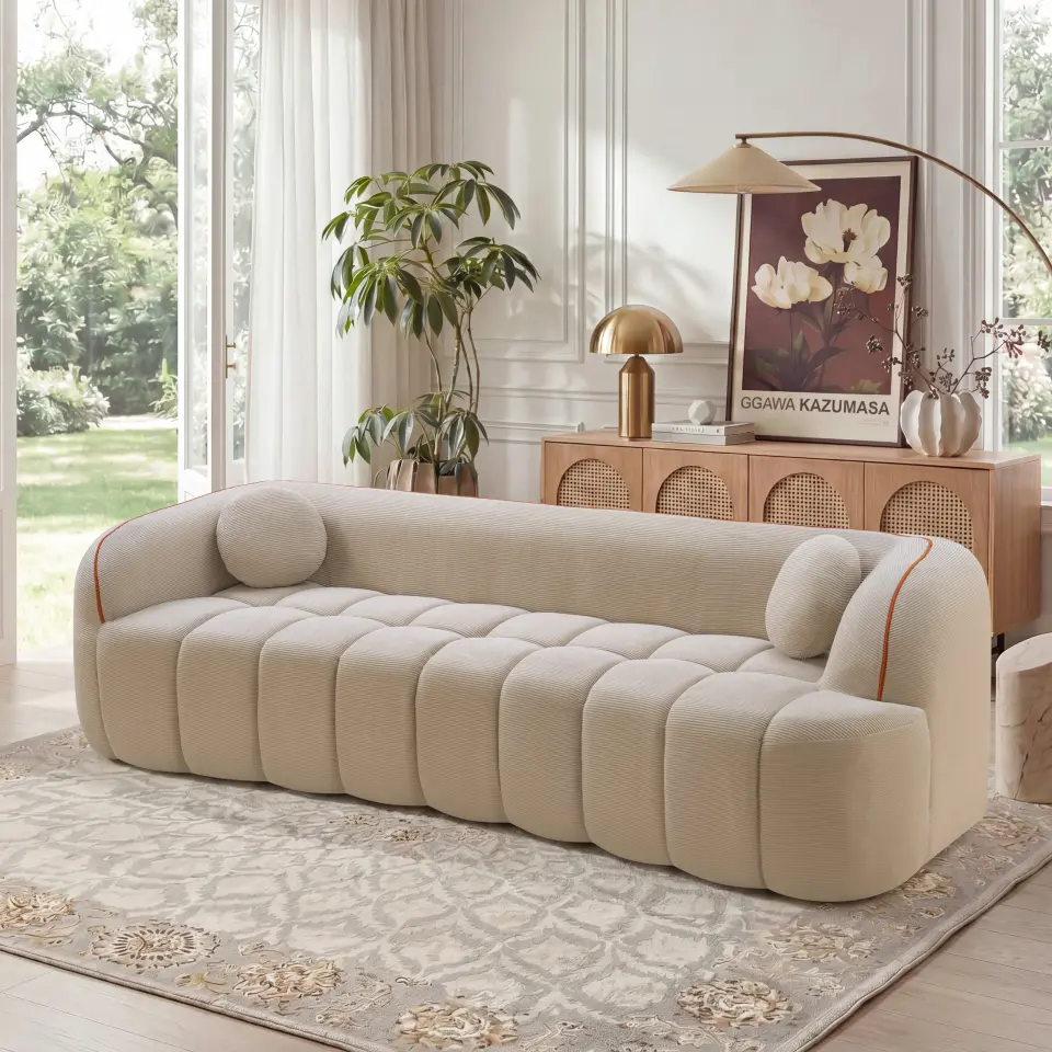 Modern Three-Seat Corduroy Channel-Tufted Cloud Sofa thumbnail 23