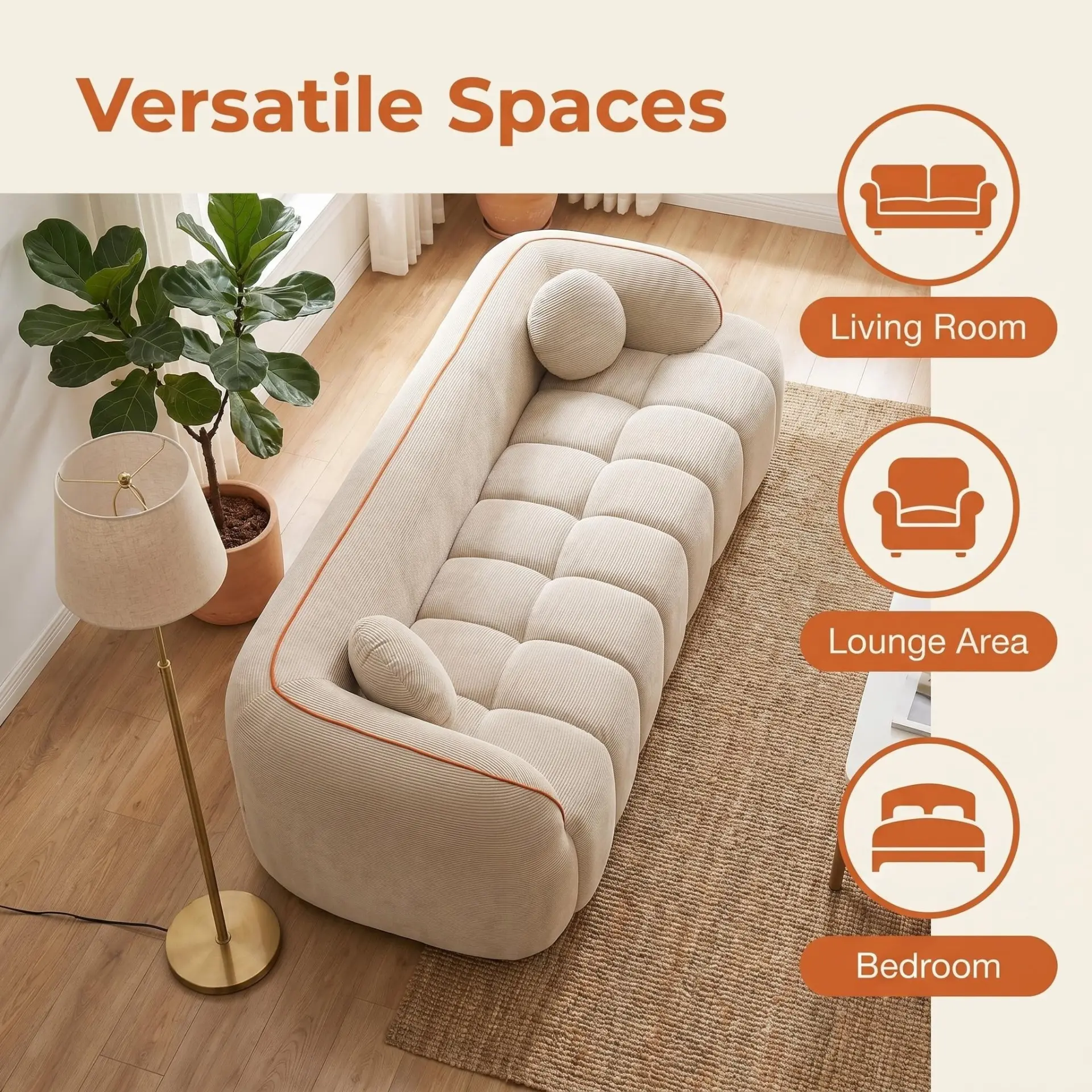 Modern Three-Seat Corduroy Channel-Tufted Cloud Sofa - view 24