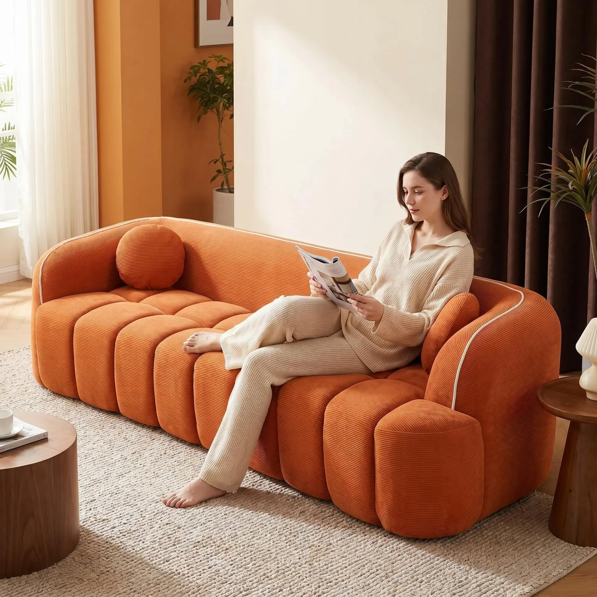 Modern Three-Seat Corduroy Channel-Tufted Cloud Sofa - view 38