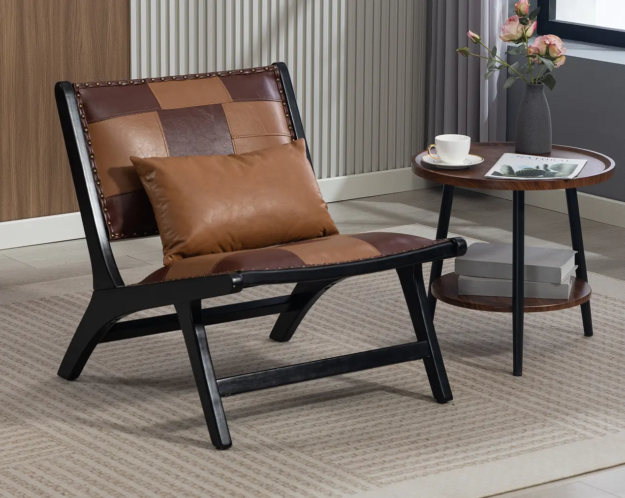 Mid-Century PU Leather Wood Frame Accent Chair - view 3
