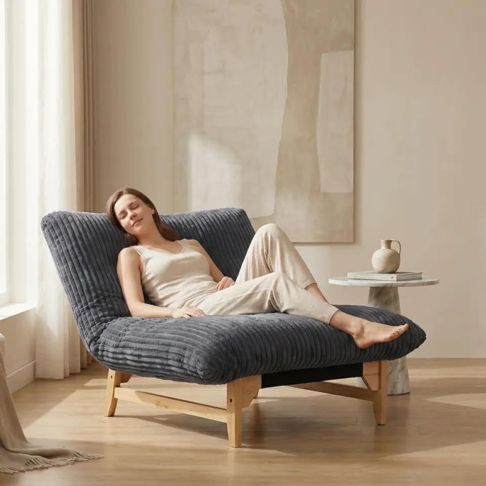 Corduroy Beanbag Low Accent Chair with Rubberwood