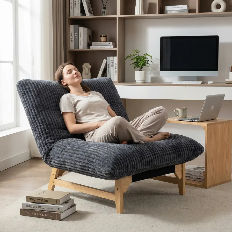Corduroy Beanbag Low Accent Chair with Rubberwood thumbnail 2