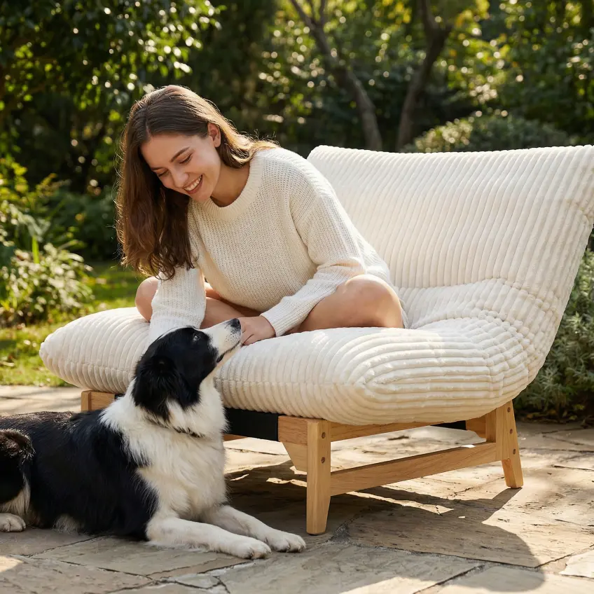 Corduroy Beanbag Low Accent Chair with Rubberwood - view 28