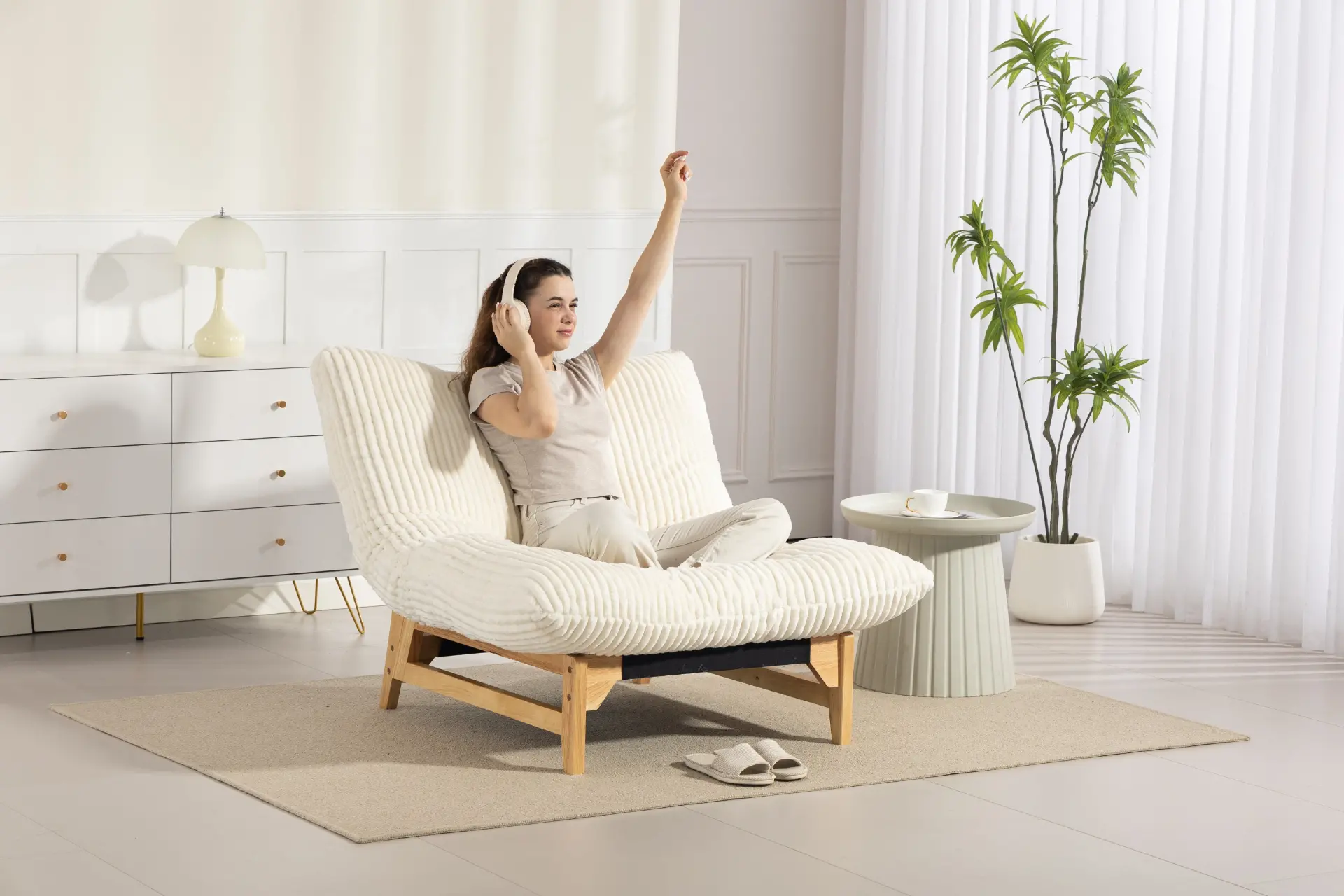 Corduroy Beanbag Low Accent Chair with Rubberwood - view 31