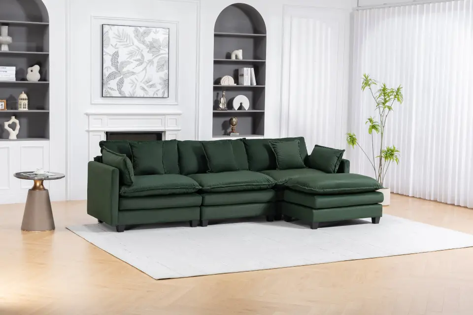 Chenille Three-Seat Modular Sofa with Cushioned Ottoman thumbnail 3