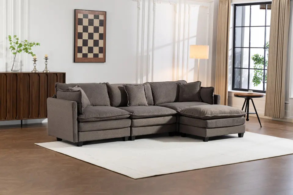 Chenille Three-Seat Modular Sofa with Cushioned Ottoman thumbnail 31