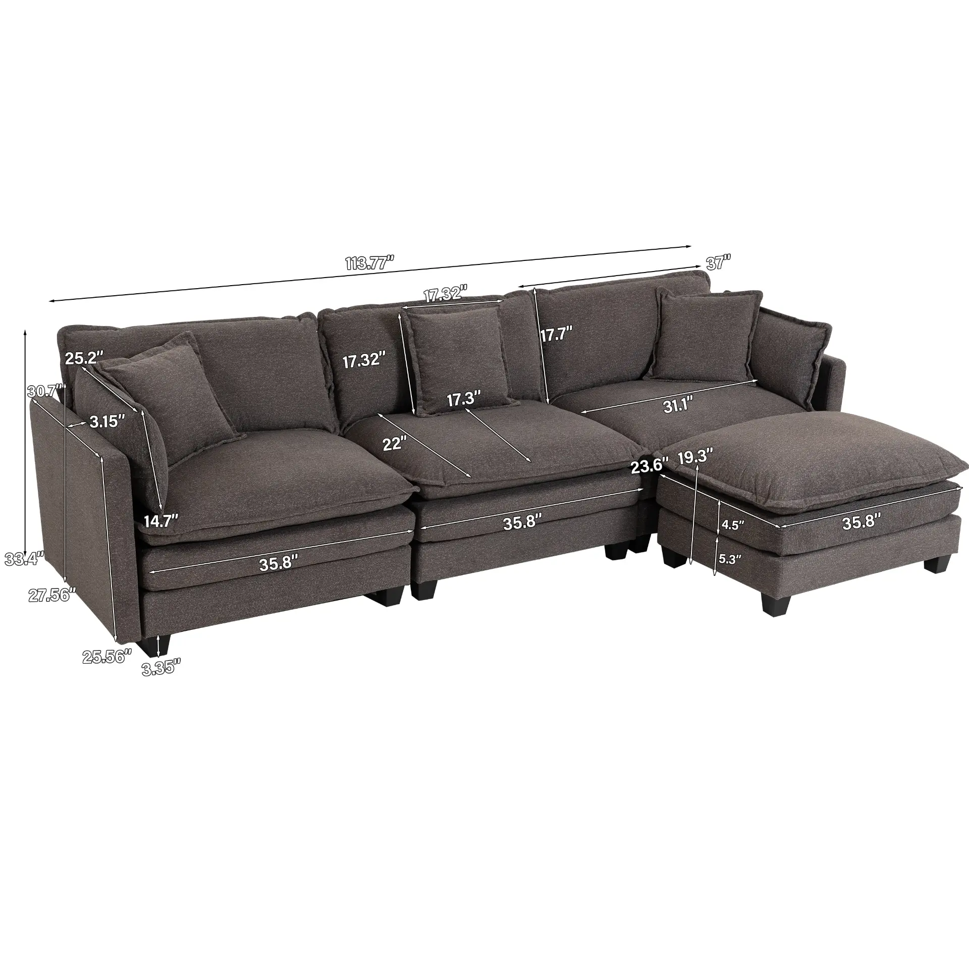 Chenille Three-Seat Modular Sofa with Cushioned Ottoman - view 46