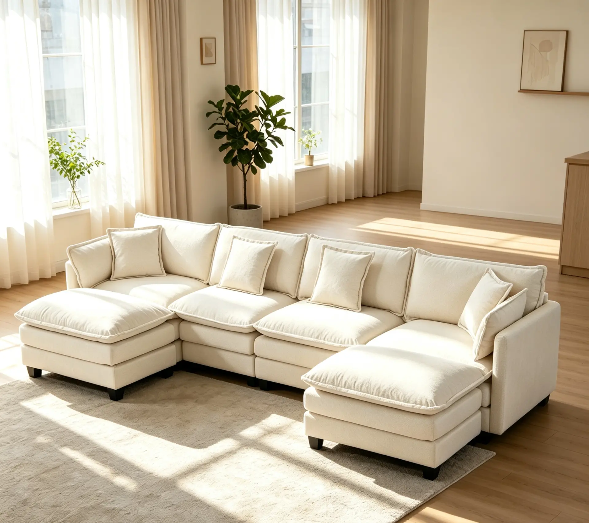 Chenille Four-Seat Modular Sofa with Dual Ottomans - view 1