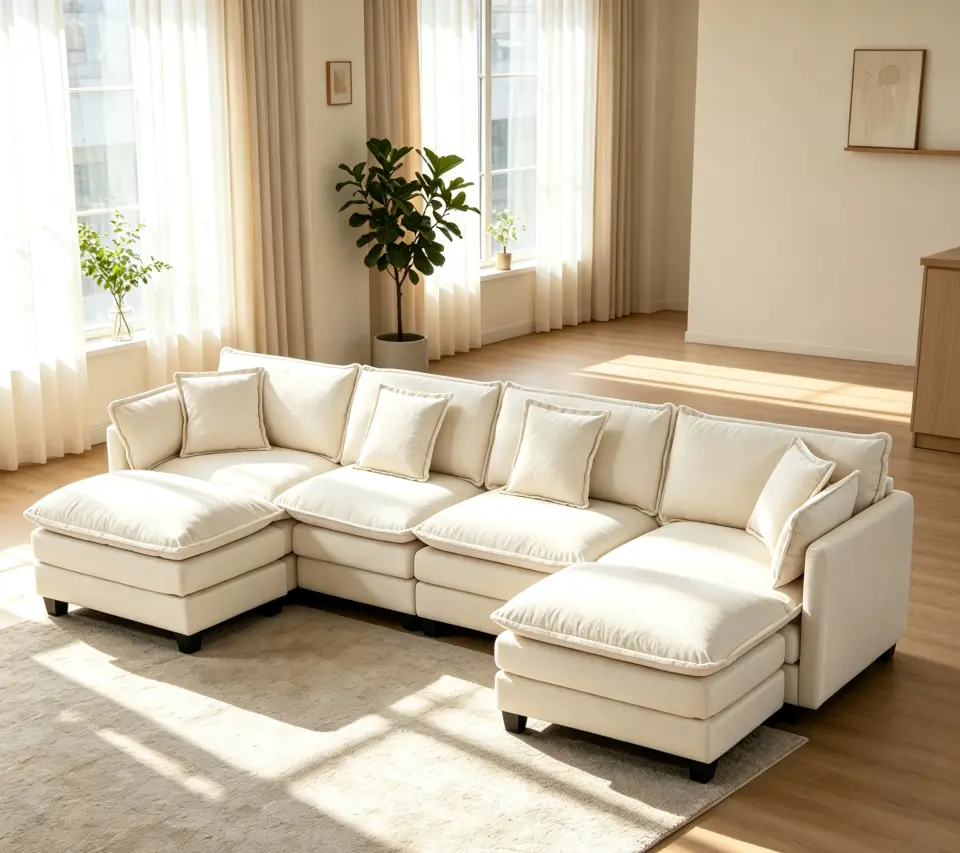 Chenille Four-Seat Modular Sofa with Dual Ottomans