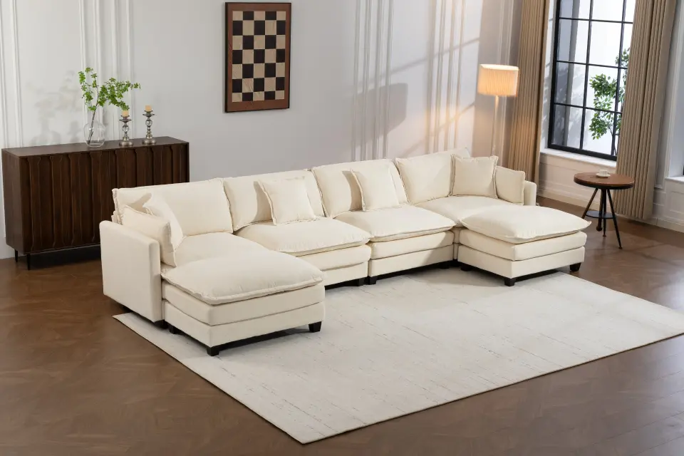 Chenille Four-Seat Modular Sofa with Dual Ottomans thumbnail 3
