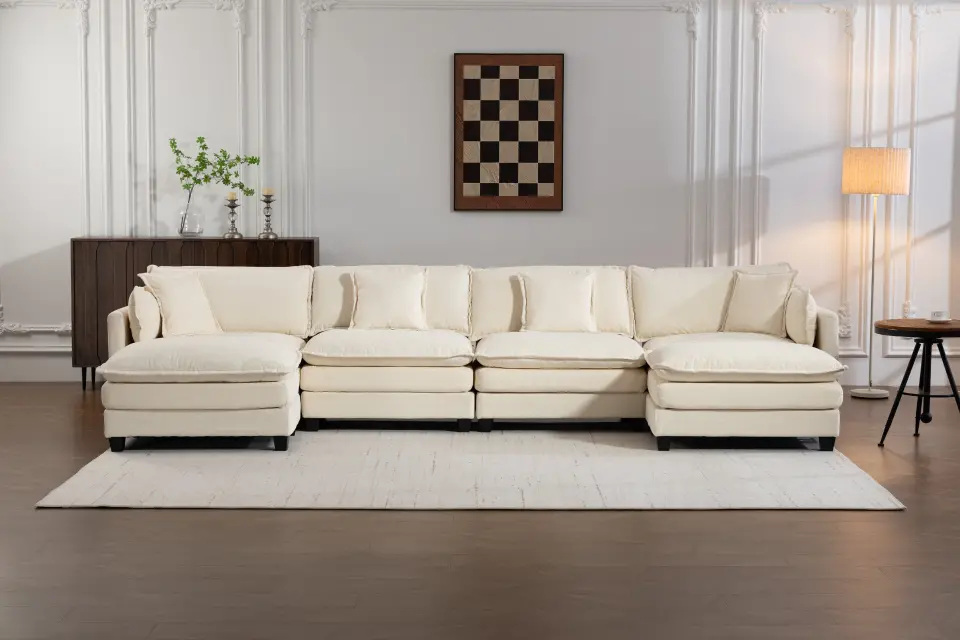 Chenille Four-Seat Modular Sofa with Dual Ottomans thumbnail 6