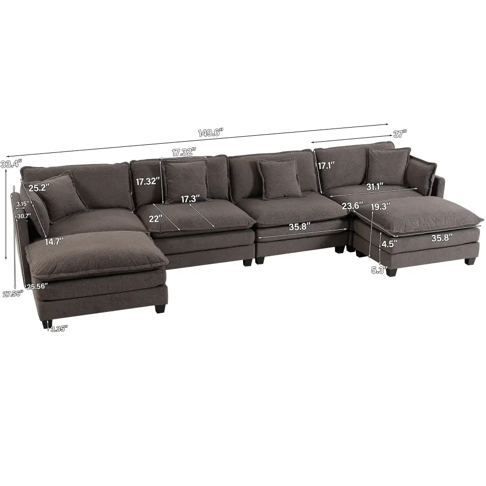 Chenille Four-Seat Modular Sofa with Dual Ottomans thumbnail 63
