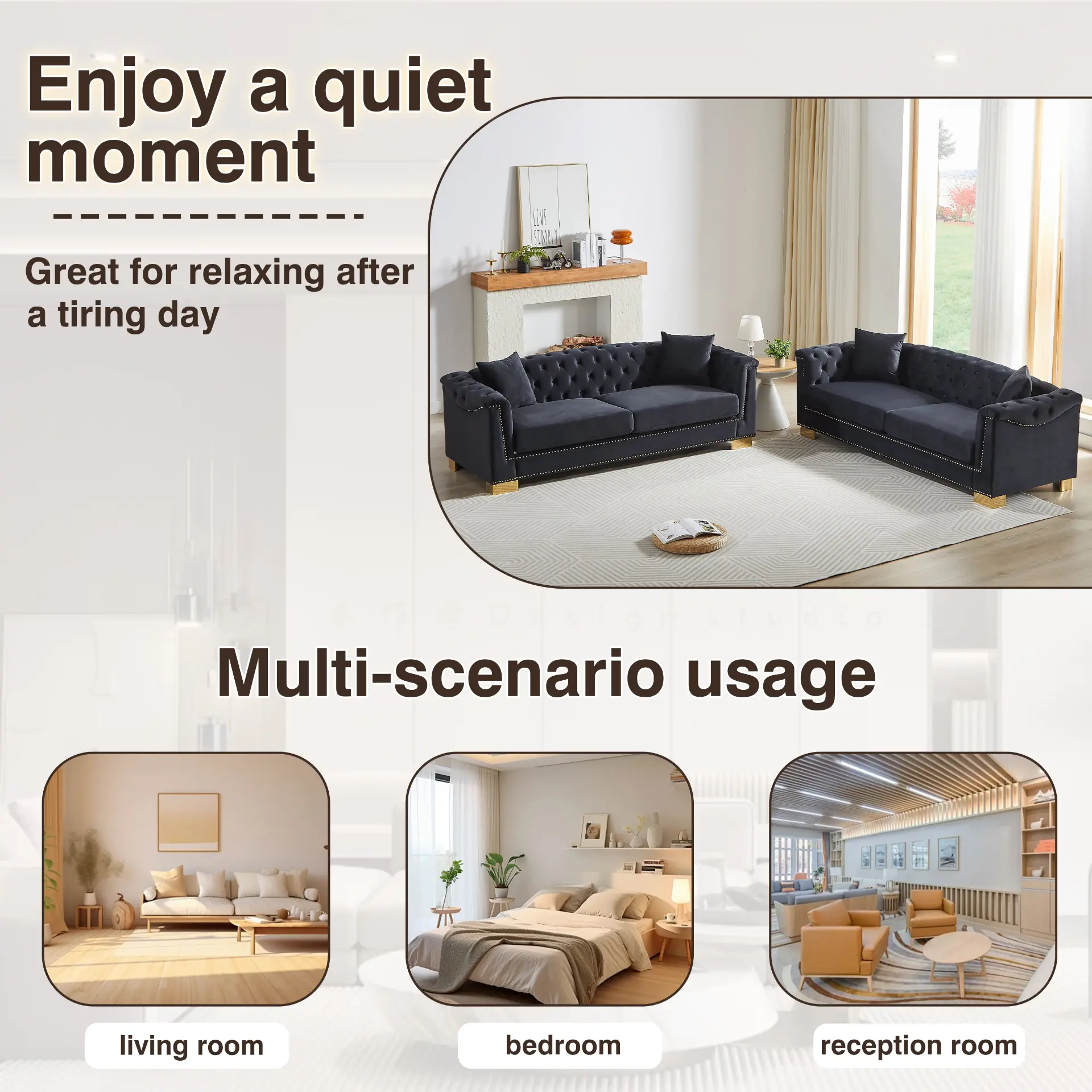 Velvet Chesterfield Six-Seat Tufted Sofa Set - view 3