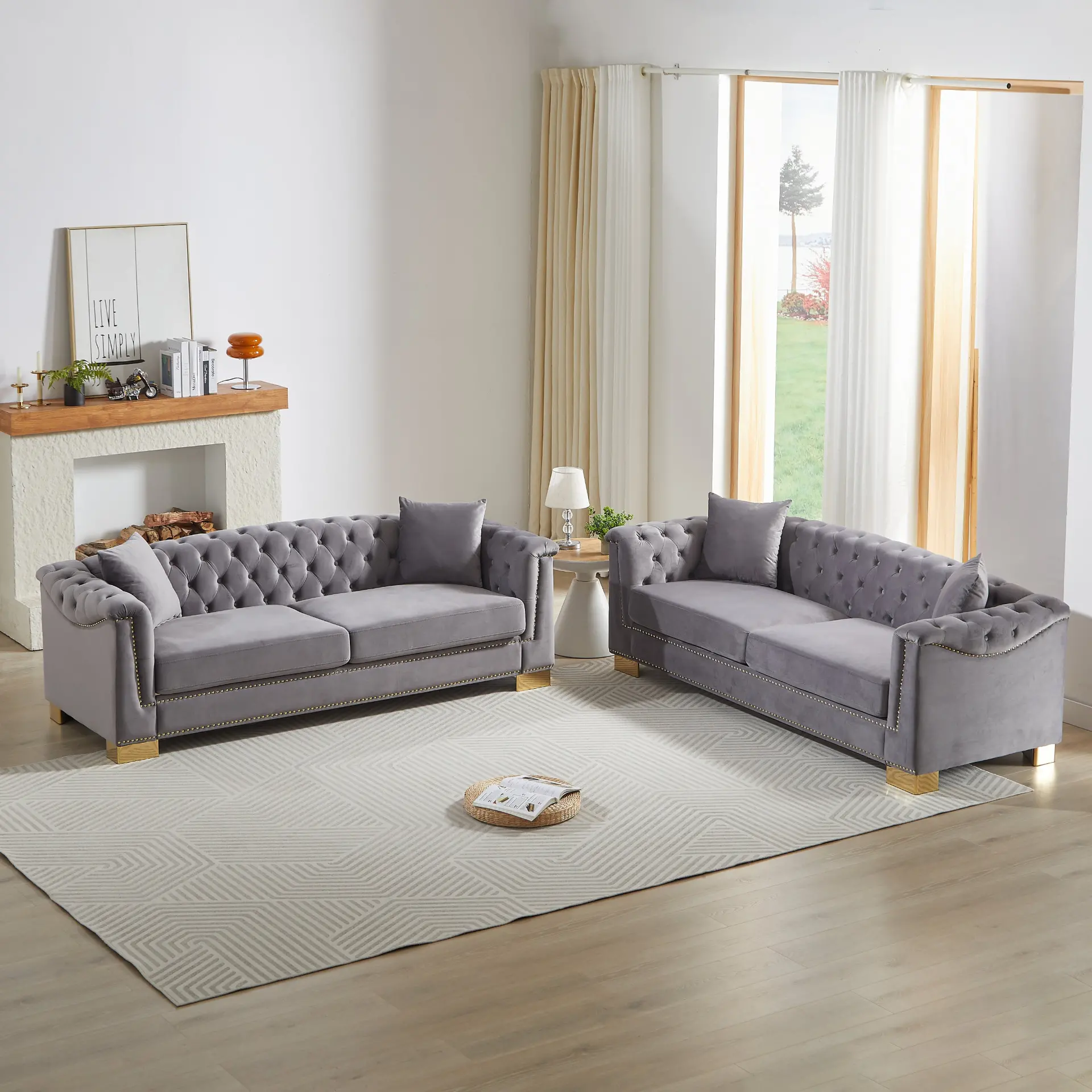 Velvet Chesterfield Six-Seat Tufted Sofa Set - view 29