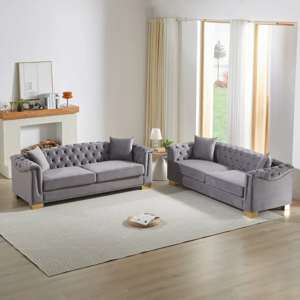 Velvet Chesterfield Six-Seat Tufted Sofa Set thumbnail 29