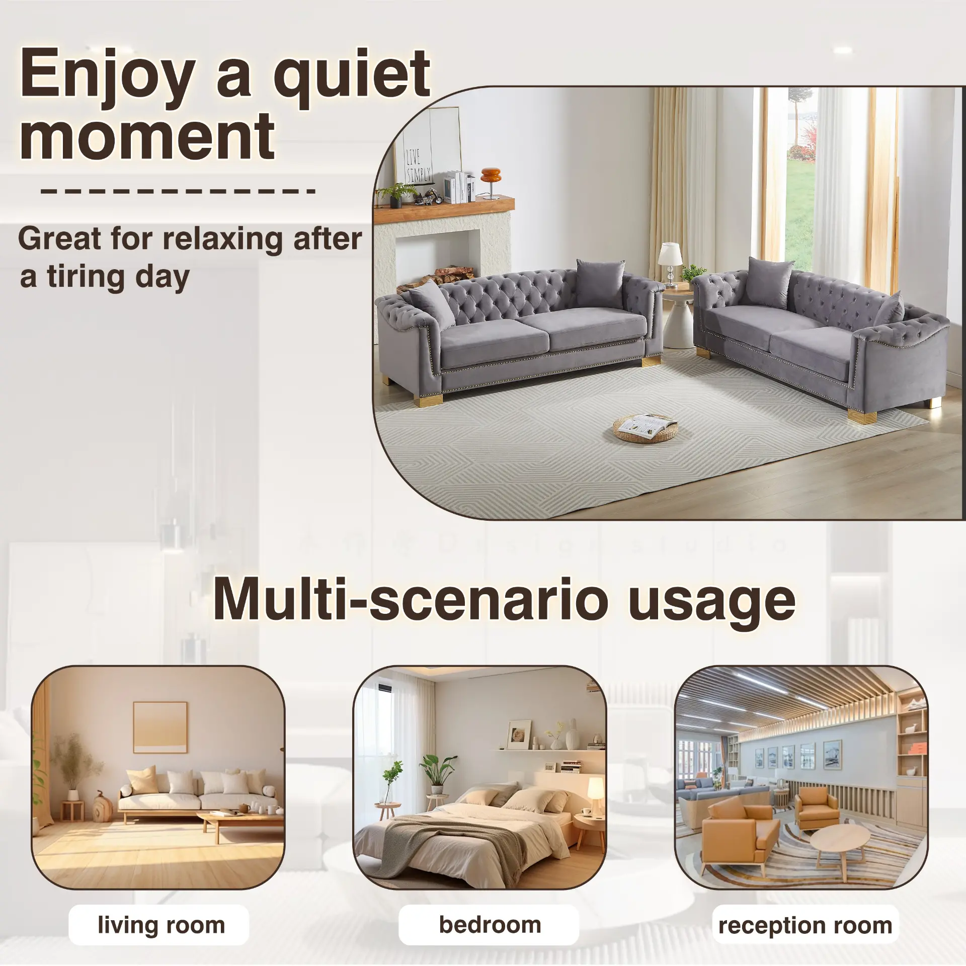 Velvet Chesterfield Six-Seat Tufted Sofa Set - view 32