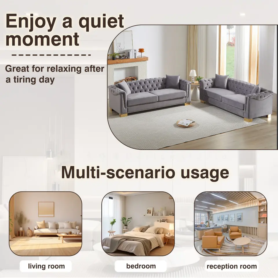 Velvet Chesterfield Six-Seat Tufted Sofa Set thumbnail 32