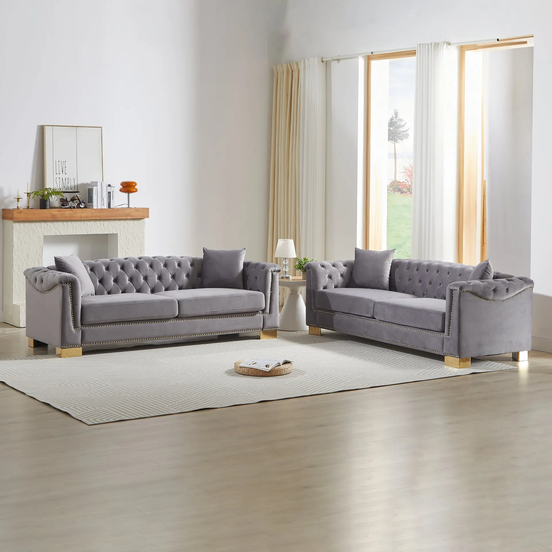 Velvet Chesterfield Six-Seat Tufted Sofa Set - view 35