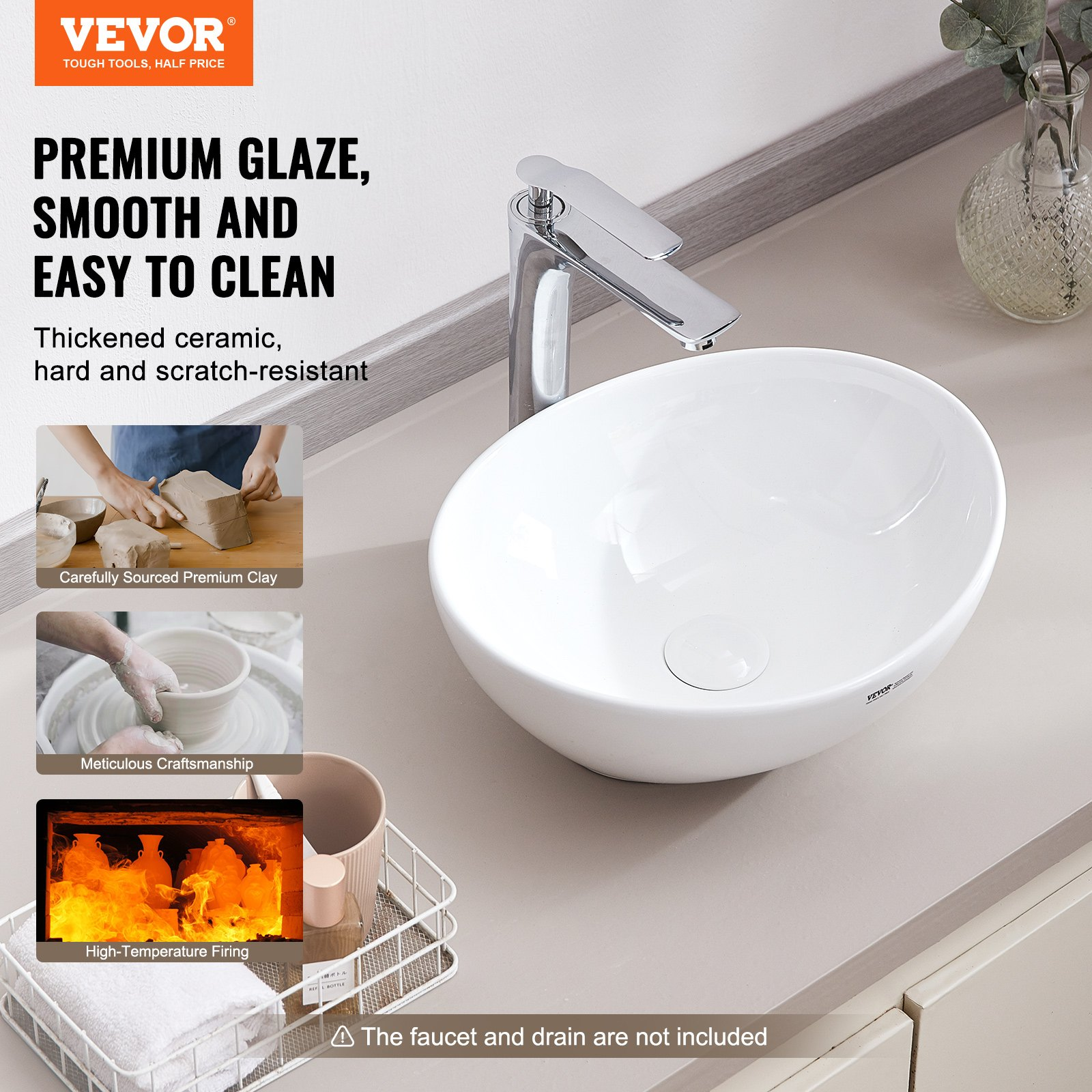 VEVOR Modern Ceramic Vessel Sink 16″x13.4″ Bathroom Vanity Bowl Countertop White