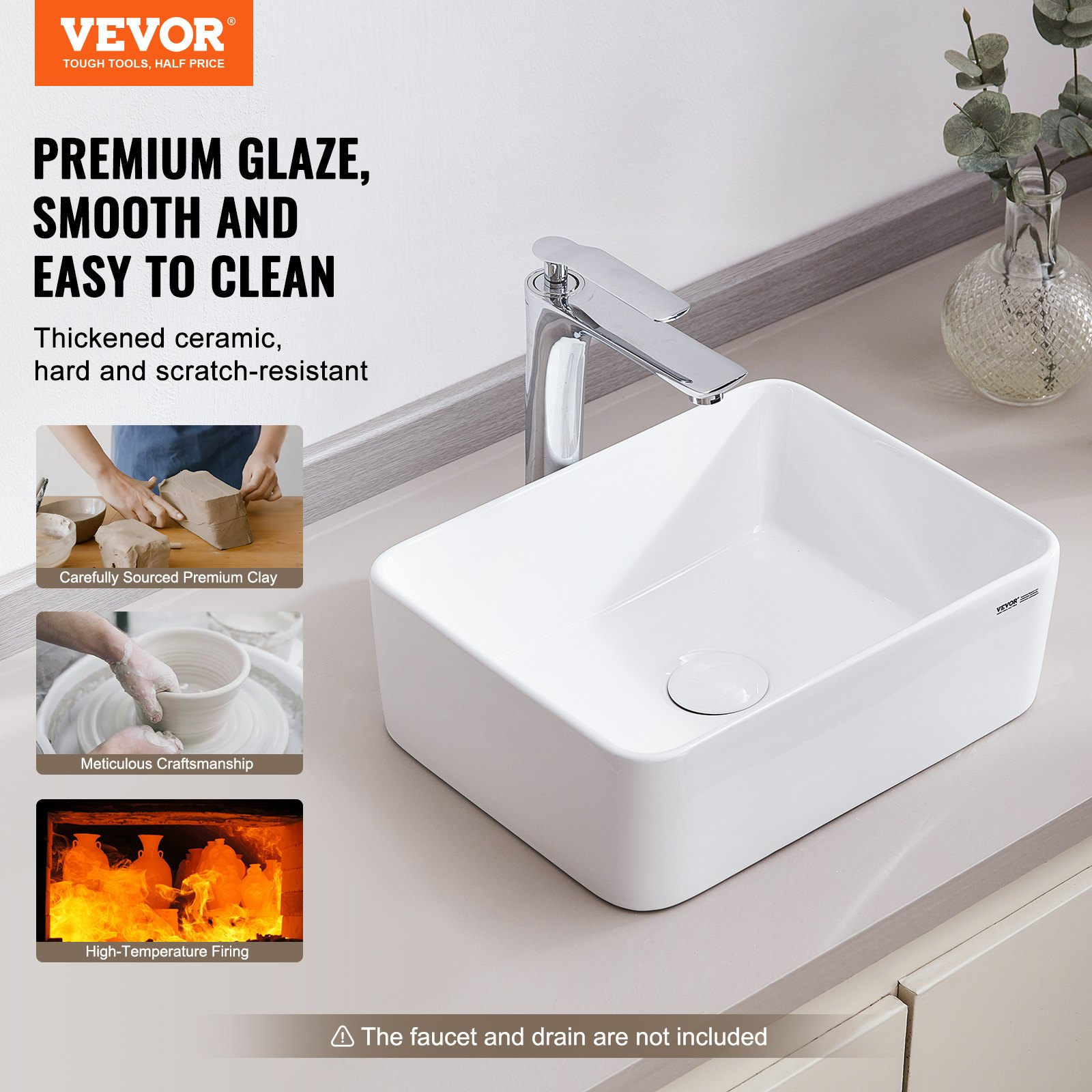 VEVOR Modern Ceramic Vessel Sink 16″ x 12″ Bathroom Vanity Bowl Countertop White