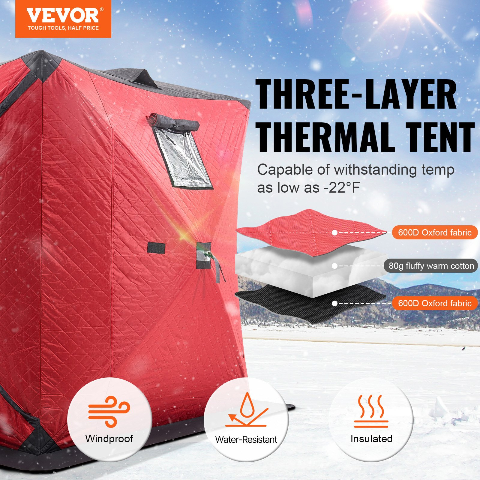 Portable Insulated Ice Shelter 3-4 Person Pop-Up Ice Fishing Tent 71"x71", Red