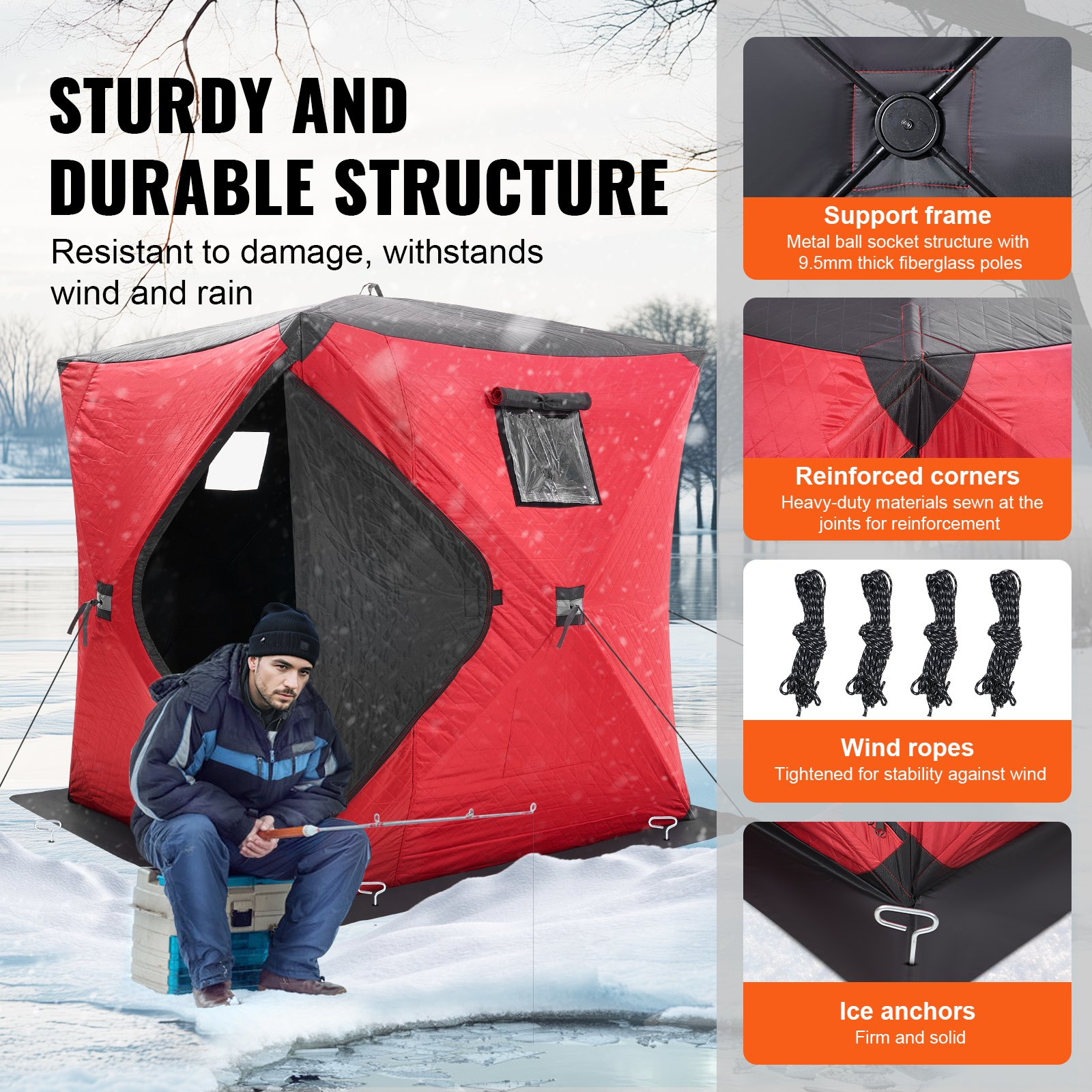Portable Insulated Ice Shelter 3-4 Person Pop-Up Ice Fishing Tent 71"x71", Red
