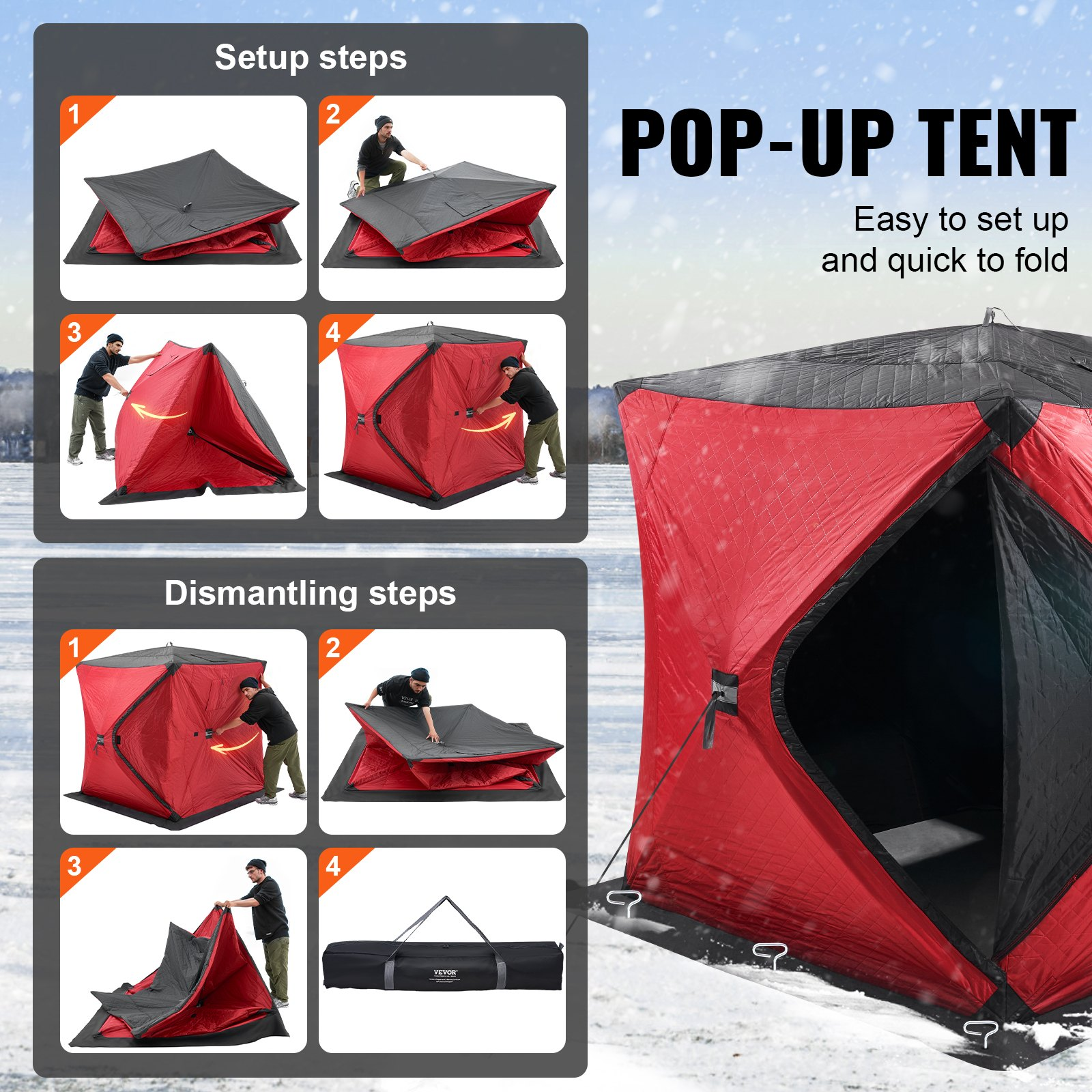 Portable Insulated Ice Shelter 3-4 Person Pop-Up Ice Fishing Tent 71"x71", Red
