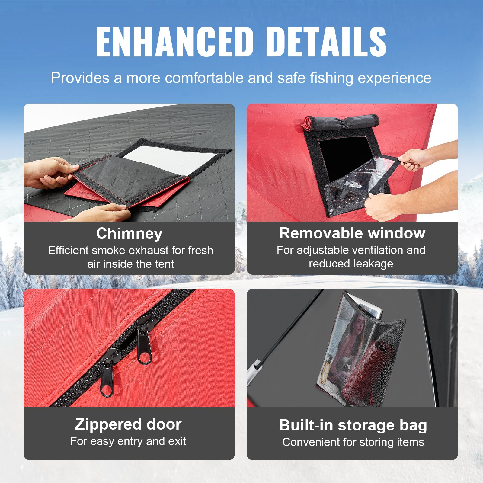 Portable Insulated Ice Shelter 3-4 Person Pop-Up Ice Fishing Tent 71"x71", Red