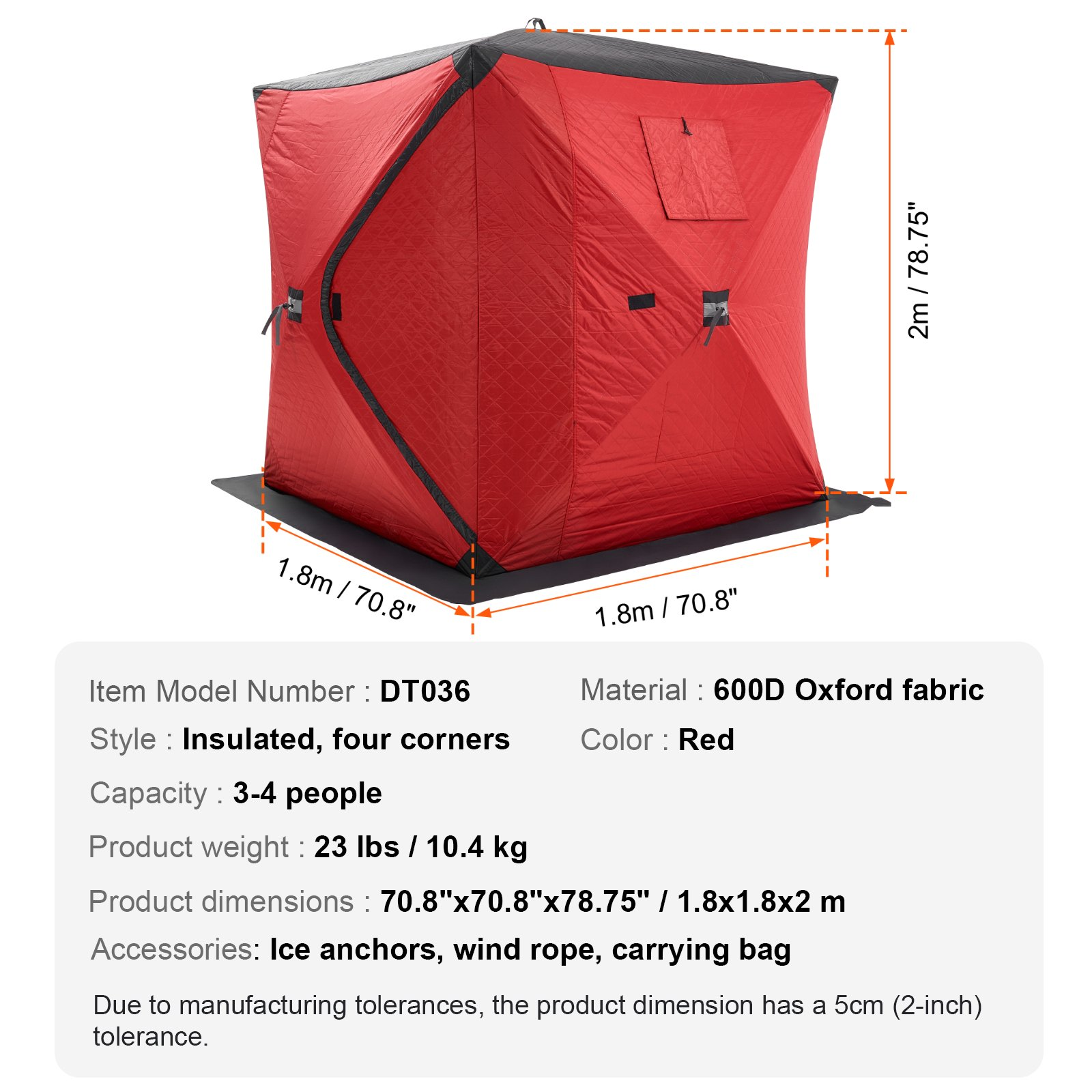 Portable Insulated Ice Shelter 3-4 Person Pop-Up Ice Fishing Tent 71"x71", Red