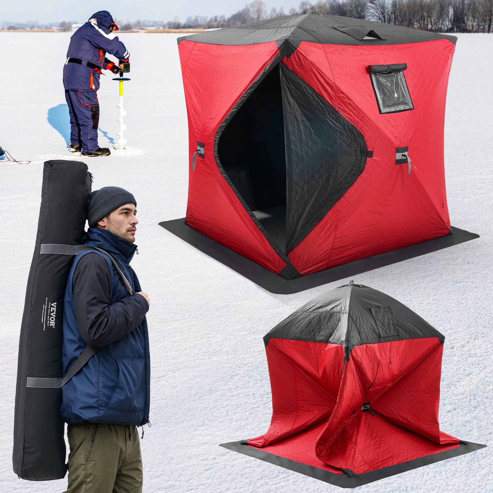 Portable Insulated Ice Shelter 3-4 Person Pop-Up Ice Fishing Tent 71"x71", Red