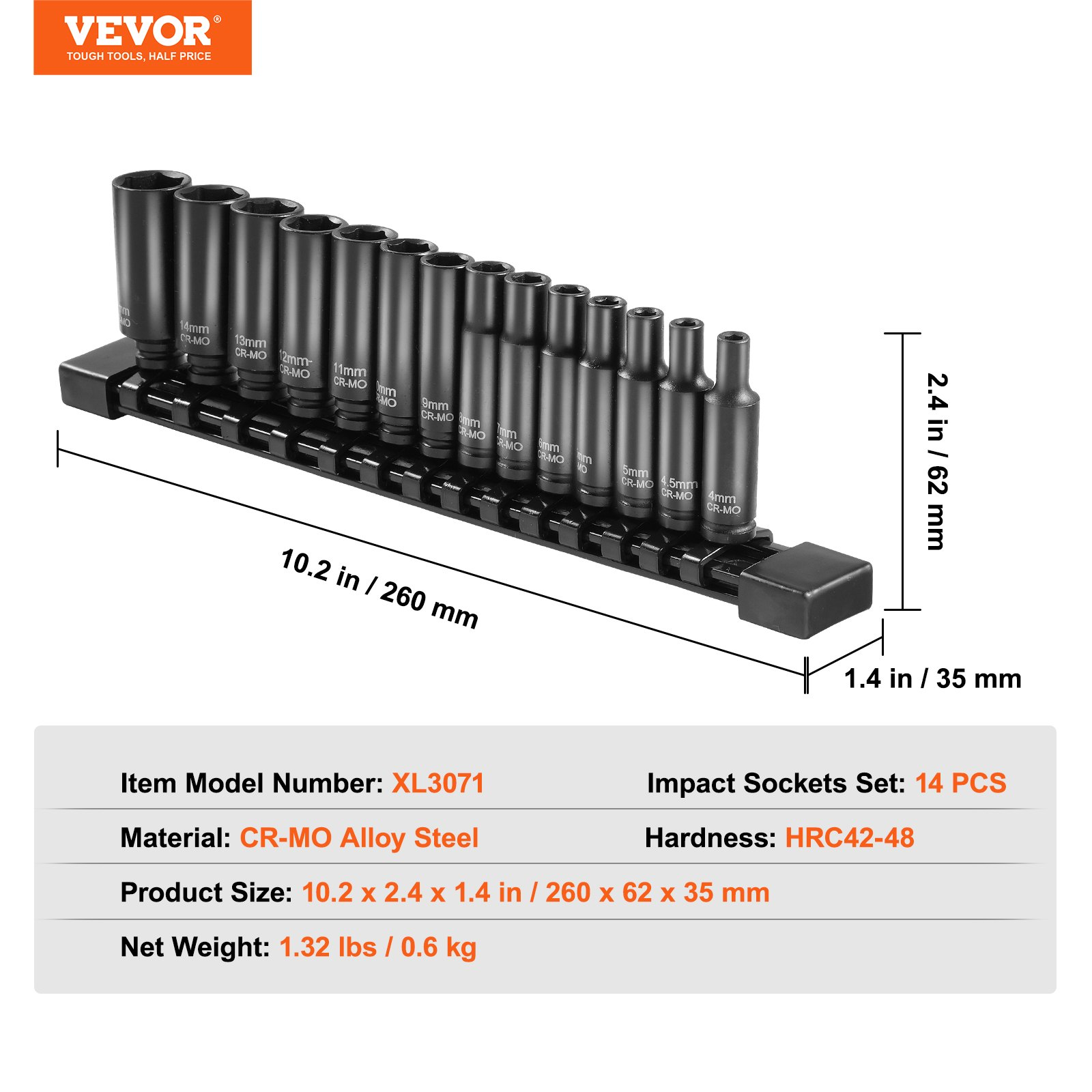 Juego de enchufes de impacto VEVOR 14 piezas 6 puntos 1/4" broca de accionamiento trinquete kit de herramientas estuche - Imagen 6 de 10