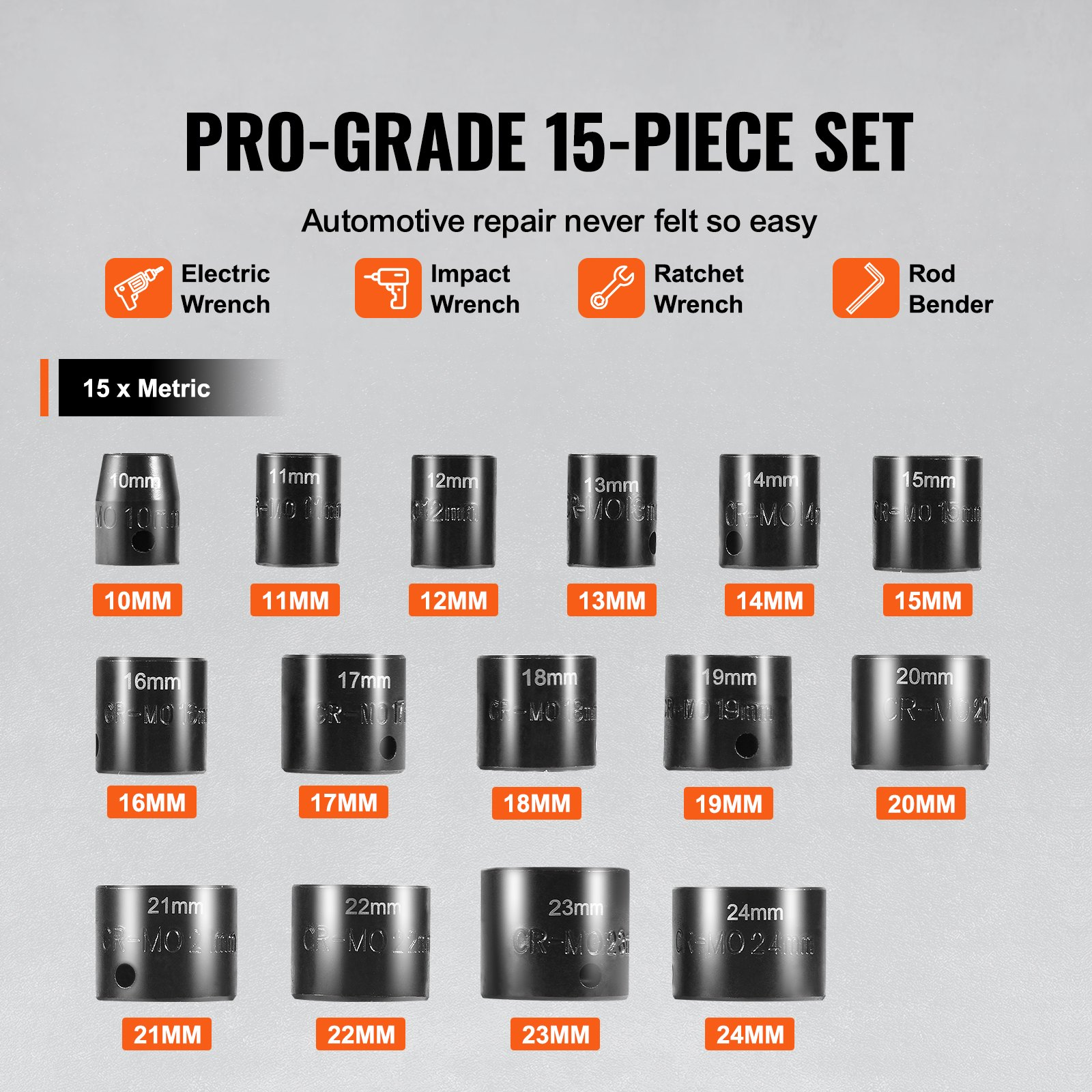 Juego de enchufes de impacto VEVOR 15 piezas 6 puntos 3/8" broca de accionamiento trinquete kit de herramientas estuche - Imagen 2 de 10