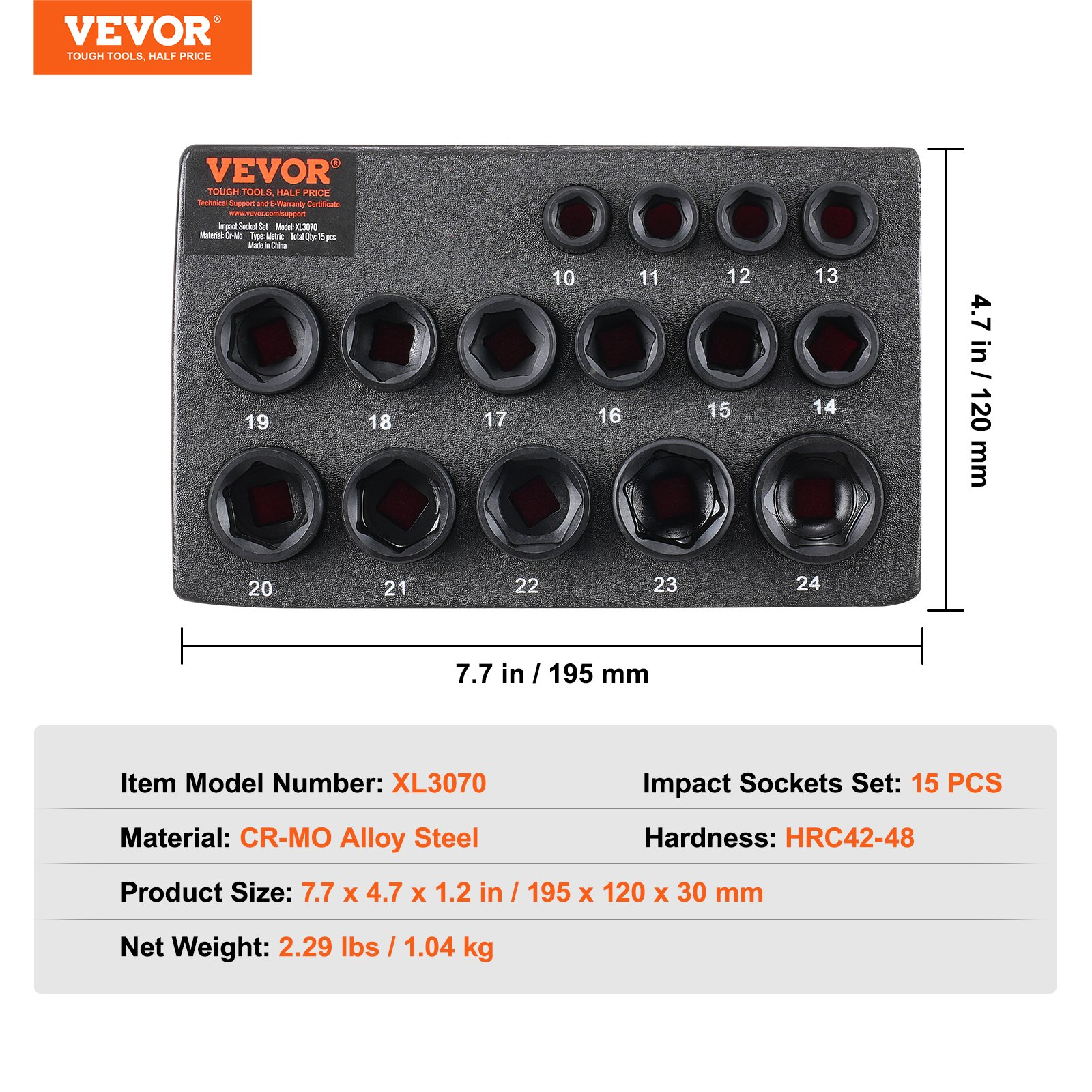 Juego de enchufes de impacto VEVOR 15 piezas 6 puntos 3/8" broca de accionamiento trinquete kit de herramientas estuche - Imagen 6 de 10