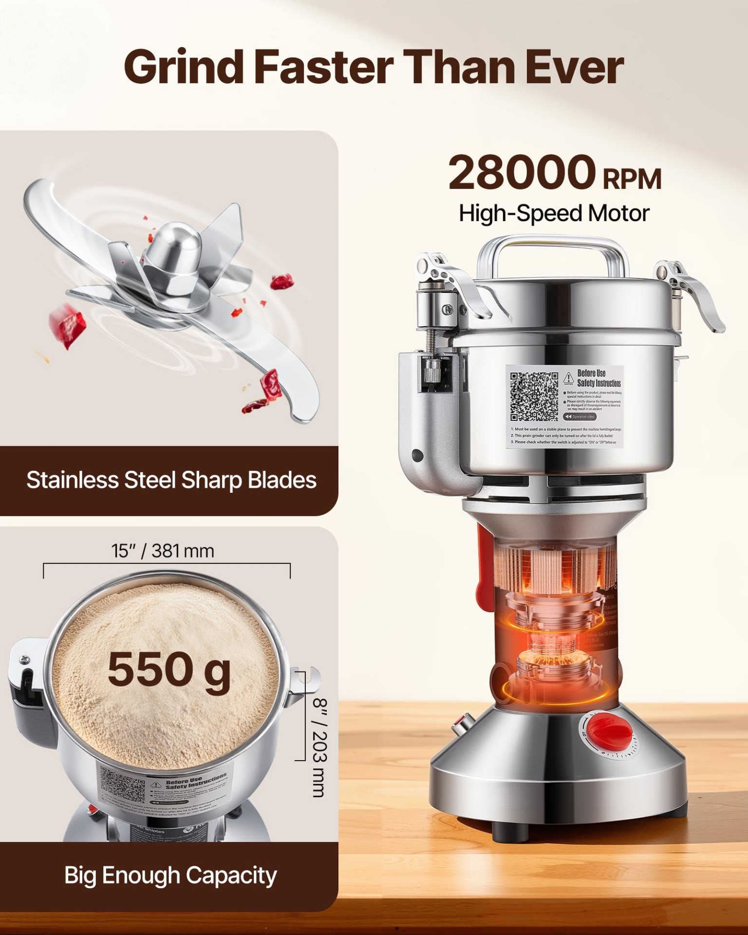 550g Electric Grain Mill Grinder, Straight Type