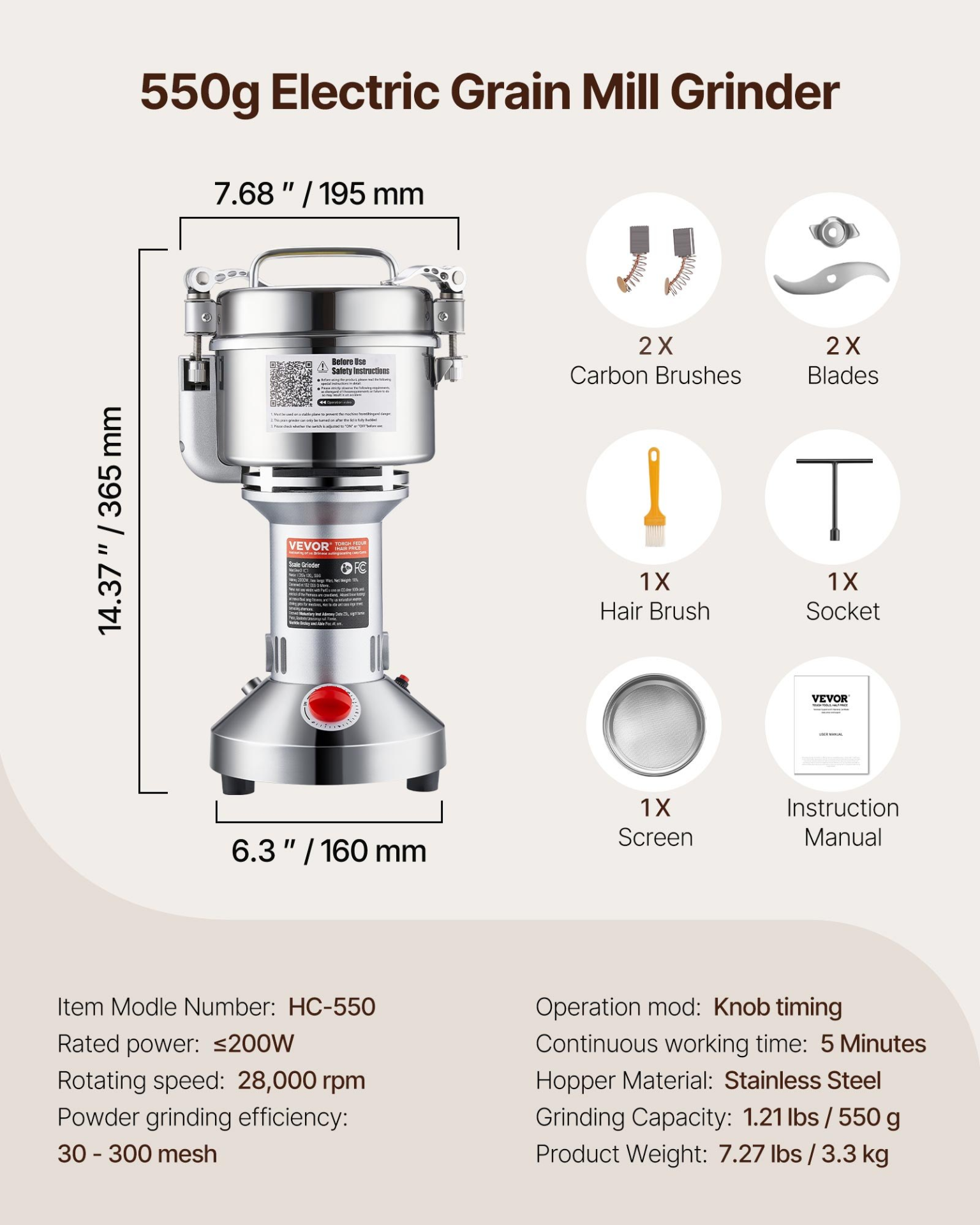 550g Electric Grain Mill Grinder, Straight Type
