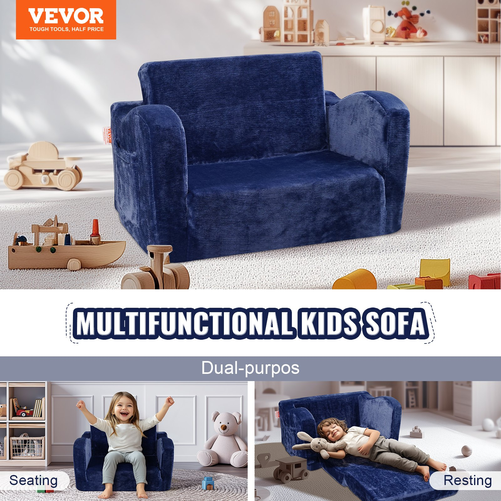 2-in-1 Kids Couch, Toddler Chair Sofa Bed Convertible Lounger for Playroom, Blue