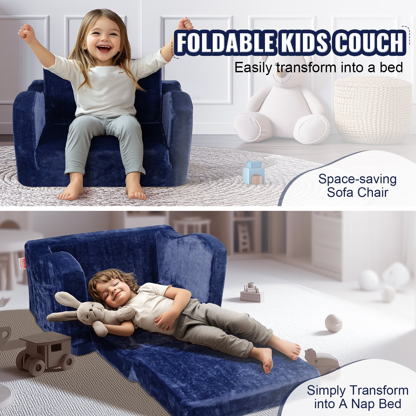 2-in-1 Kids Couch, Toddler Chair Sofa Bed Convertible Lounger for Playroom, Blue - Picture 2 of 10