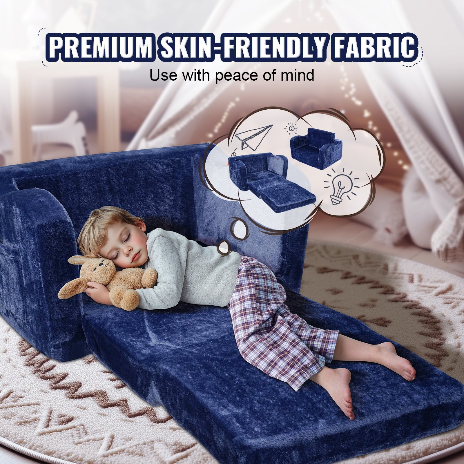 2-in-1 Kids Couch, Toddler Chair Sofa Bed Convertible Lounger for Playroom, Blue - Picture 3 of 10