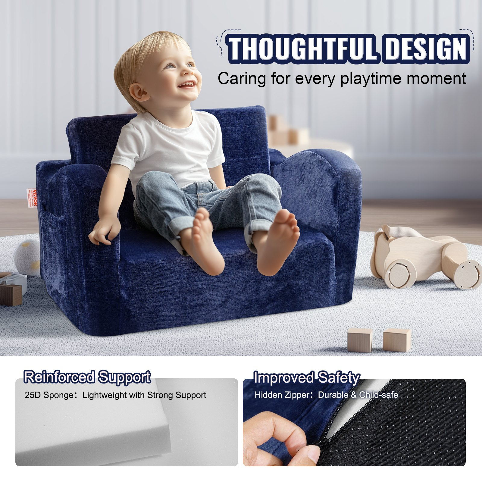 2-in-1 Kids Couch, Toddler Chair Sofa Bed Convertible Lounger for Playroom, Blue - Picture 4 of 10