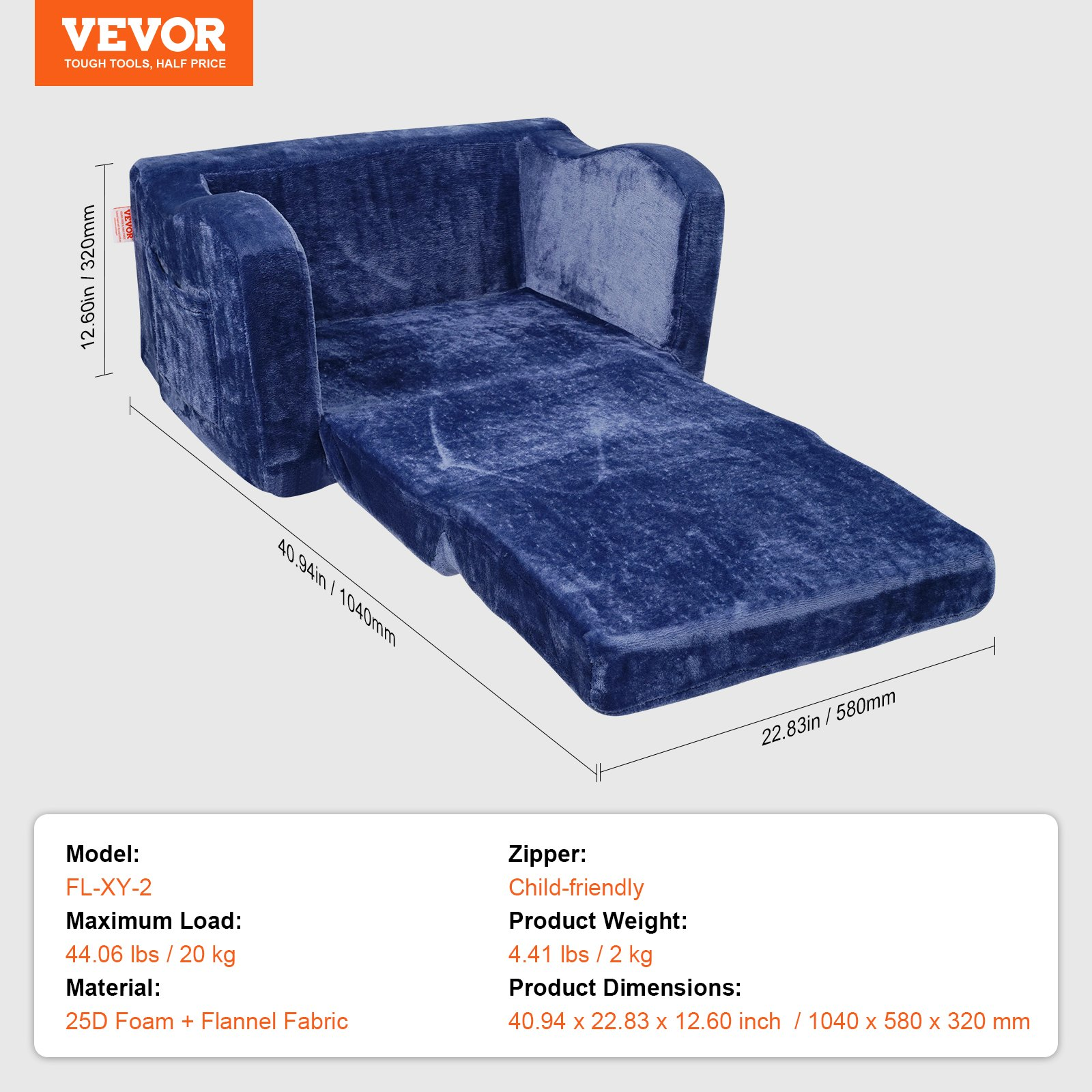 2-in-1 Kids Couch, Toddler Chair Sofa Bed Convertible Lounger for Playroom, Blue - Picture 6 of 10