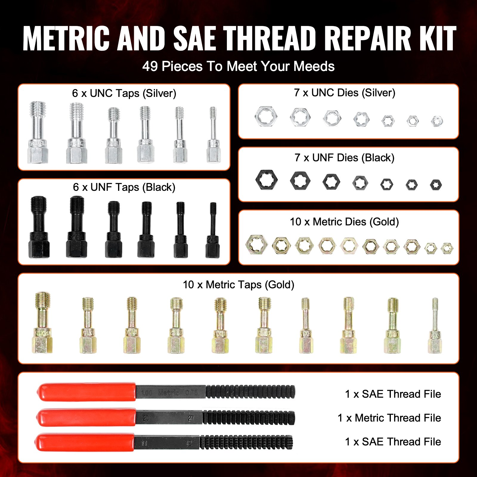 VEVOR 49PCS Thread Chaser Set UNC UNF Metric Thread Restorer Tool Rethreading - Picture 2 of 10