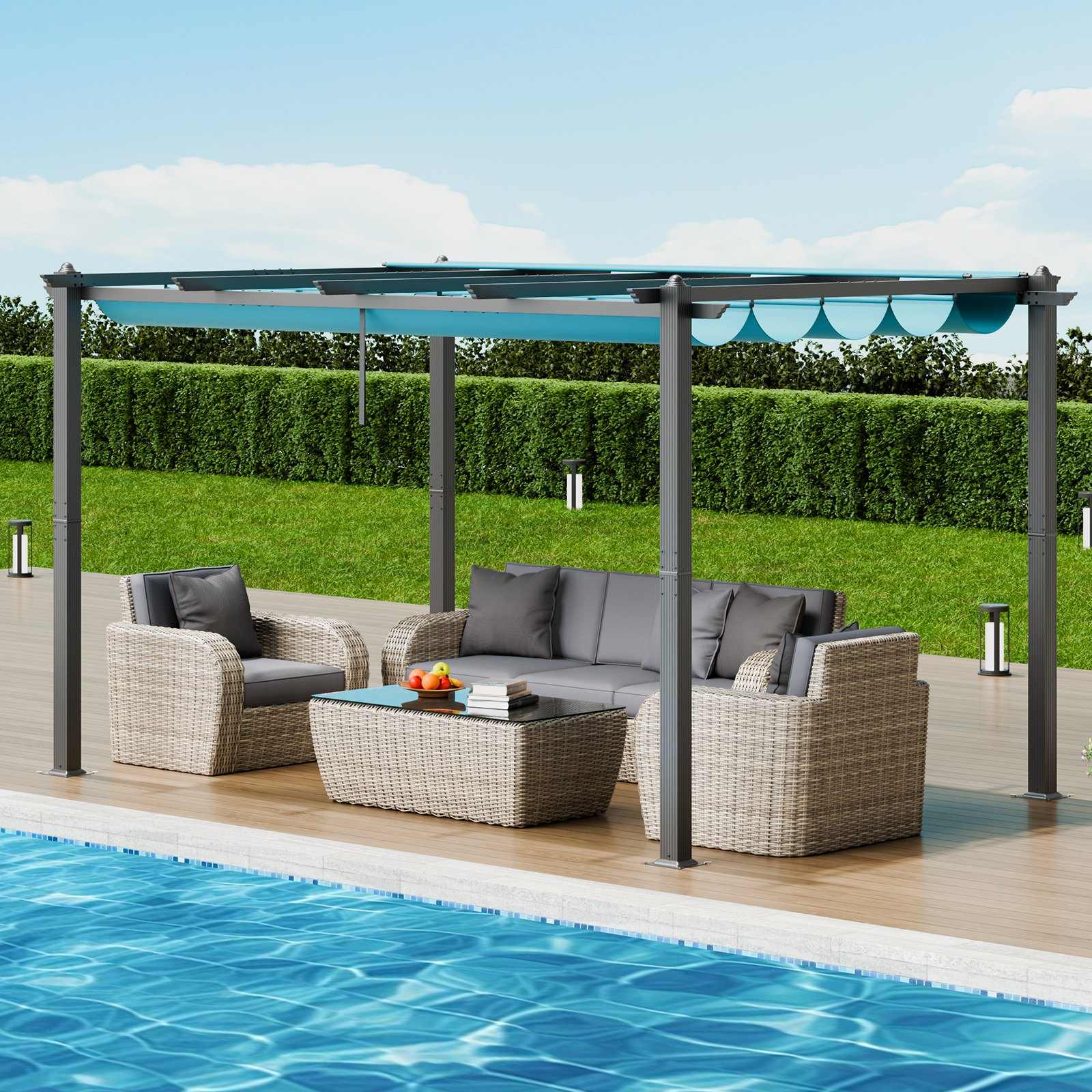 VEVOR 10'x13' Outdoor Retractable Pergola with Sun Shade Canopy Aluminum Bule - Picture 7 of 11
