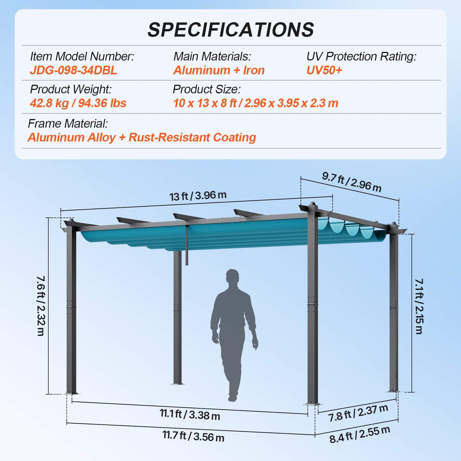 VEVOR 10'x13' Outdoor Retractable Pergola with Sun Shade Canopy Aluminum Bule - Picture 11 of 11