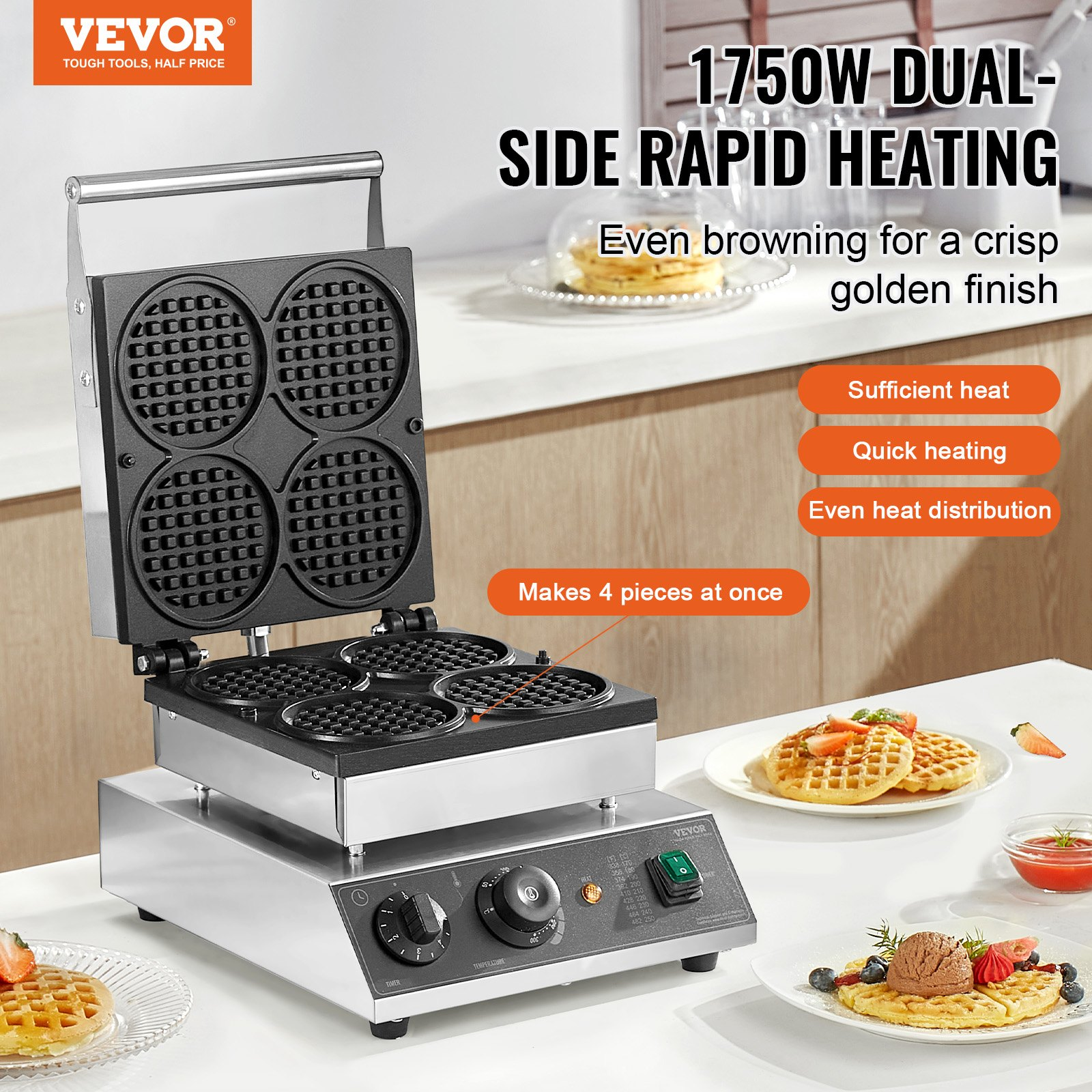 Commercial 4PCS Round Waffle Maker 1750W Belgian Iron Nonstick