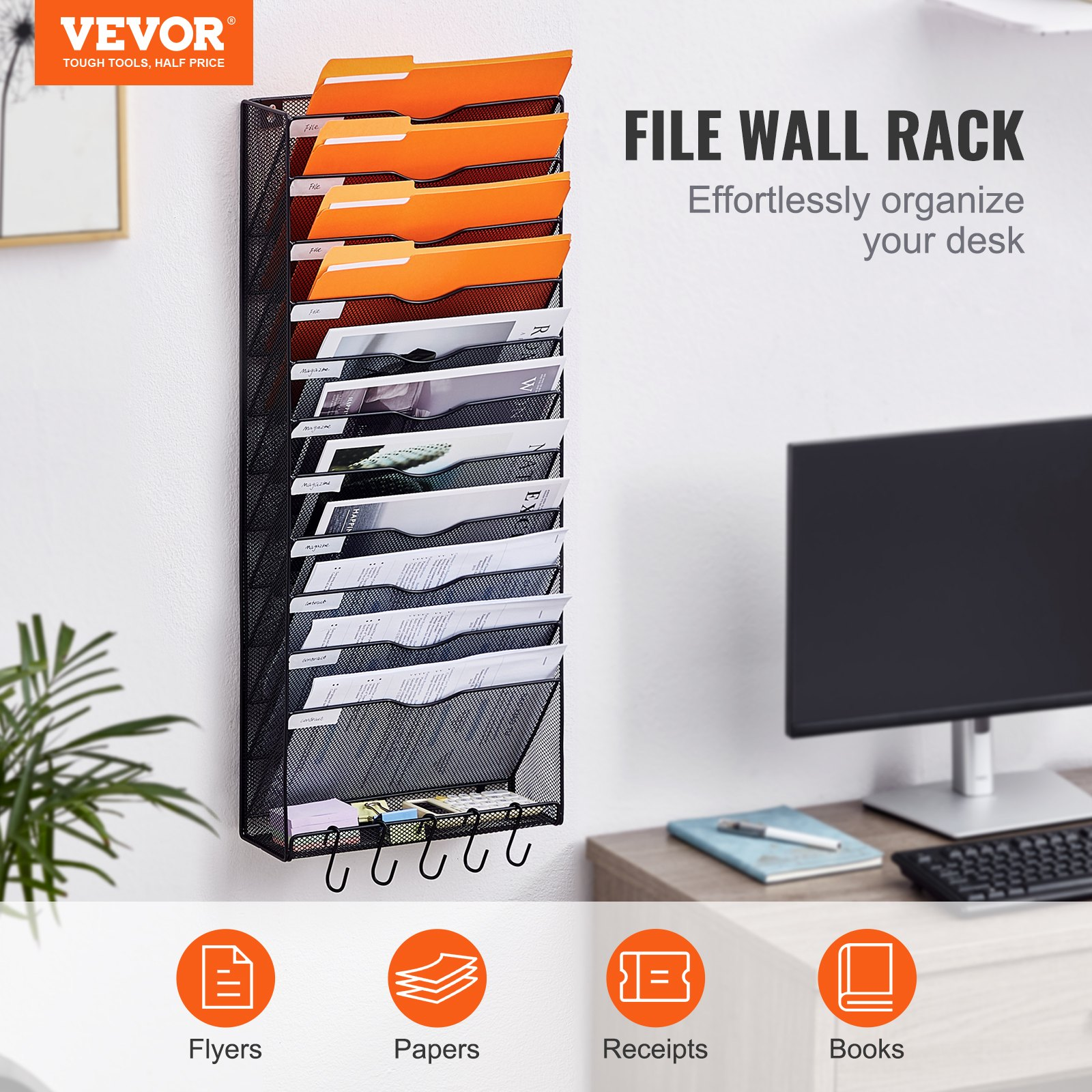 VEVOR File Wall Rack Mesh Wall File Holder - 12 Pockets, Sturdy & Easy to Instal