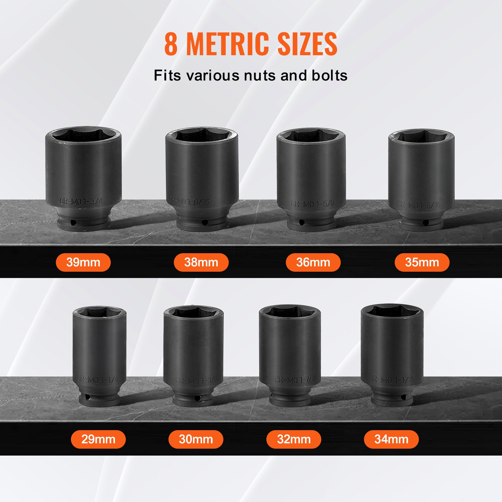 Axle Nut Impact Socket Set 1/2" Drive Deep 12-Point 8PCS Metric Nut Socket