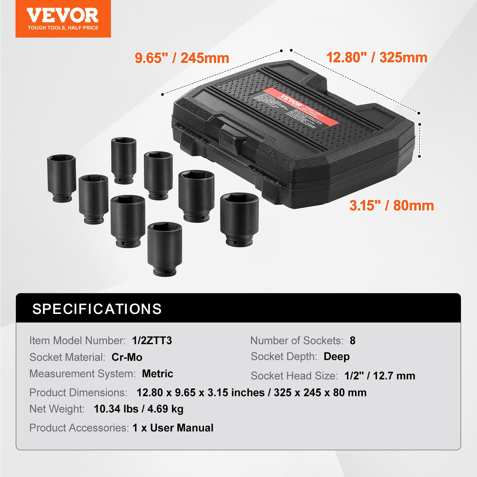 Axle Nut Impact Socket Set 1/2" Drive Deep 12-Point 8PCS Metric Nut Socket