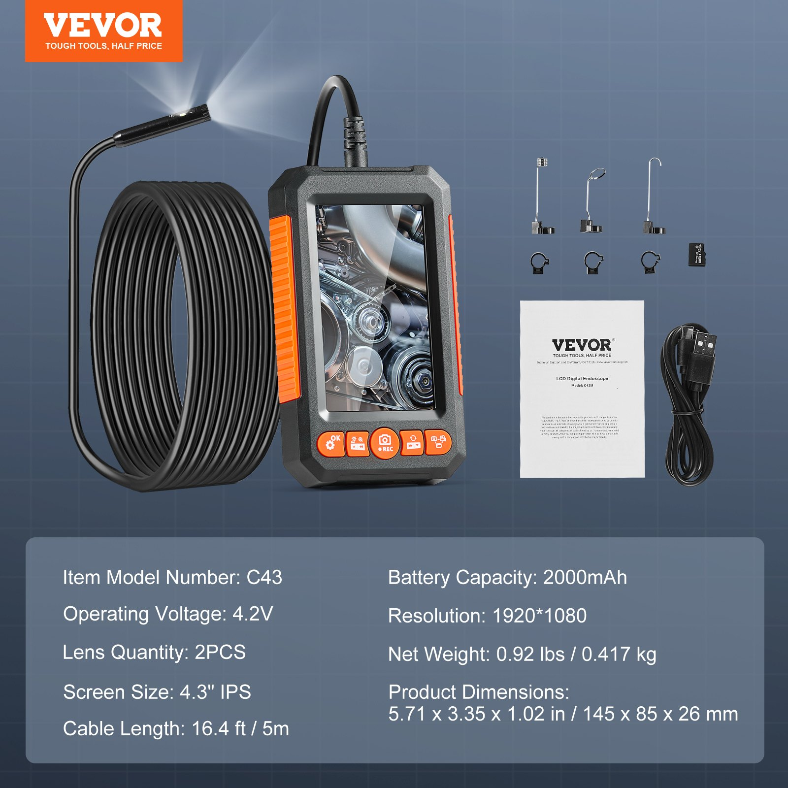 Cámara endoscópica VEVOR con luces boroscopio de doble lente cable de 16,4 pies pantalla de 4,3" - Imagen 6 de 10