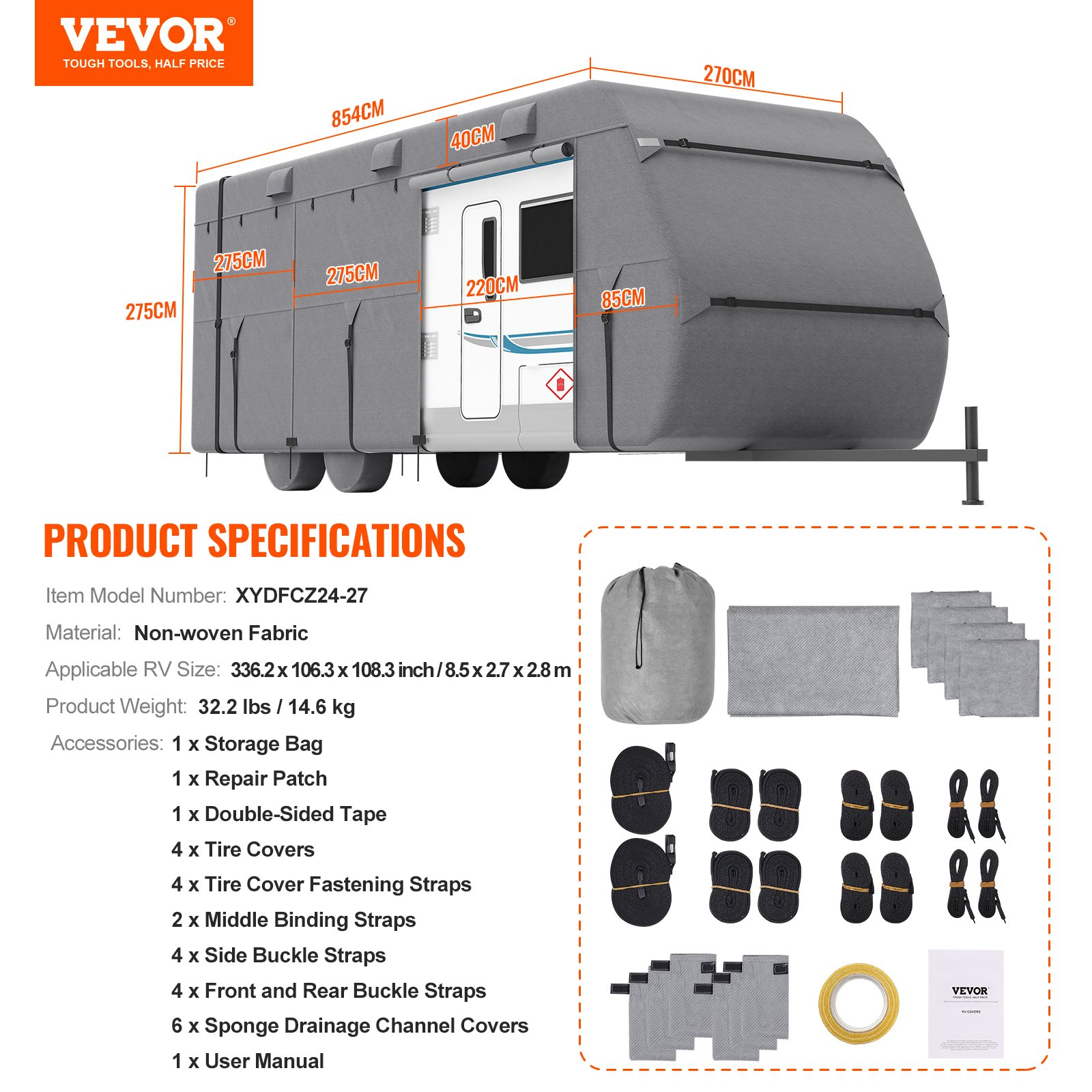 VEVOR Trailer Travel RV Cover 24-27 ft Class A Camper Cover Non-Woven Fabric - Picture 6 of 10