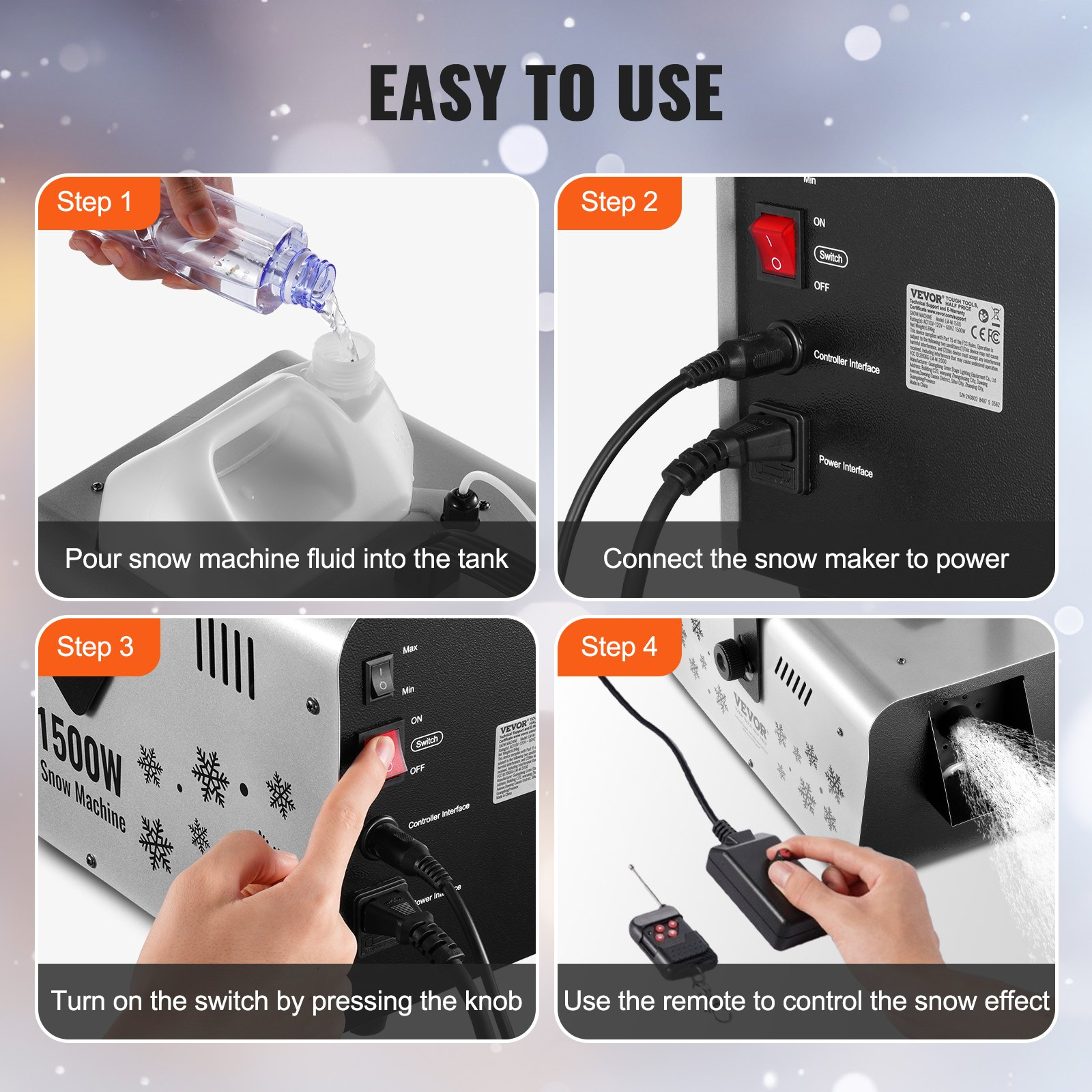 VEVOR Snow Machine 1500W Wireless Remote Handheld Hanging Snow Making Machine